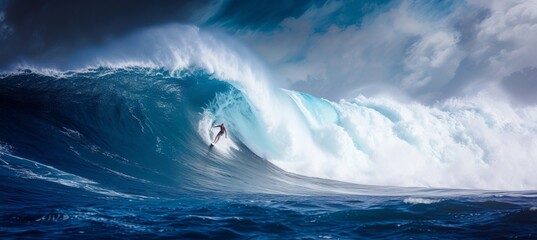 Thrilling surf adventure  conquering a massive blue ocean wave  extreme sports and active lifestyle