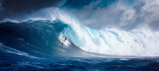Rolgordijnen Thrilling surf adventure  conquering a massive blue ocean wave  extreme sports and active lifestyle © Ilja