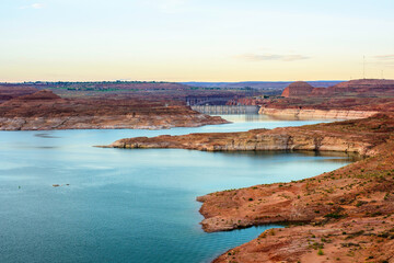 Boat Marina at Lake Powell with Coal Power Plant in the Background - 4K Ultra HD Image of...