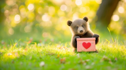 Cute bear cub with heart shaped gift on magical blurred background for valentine s day
