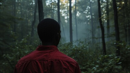 a man in a red shirt in a forest