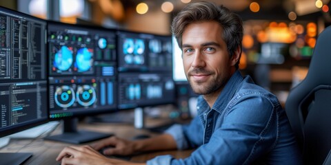 Man Sitting in Front of Computer Monitor at Work Desk