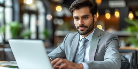 Obraz premium Man Sitting at Table, Using Laptop Computer