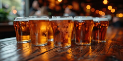 Row of Beer Glasses on Wooden Table
