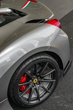 Silver Ferrari 488 Pista Tailor Made rear end top down view, taillight and wheel focused shot - High Resolution Image
