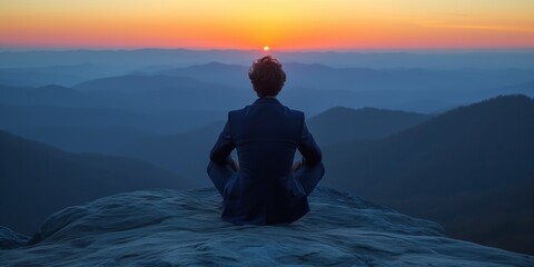 Solitary Figure Meditating on Mountain at Sunrise