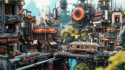 Steampunk city streets with mechanisms and clocks