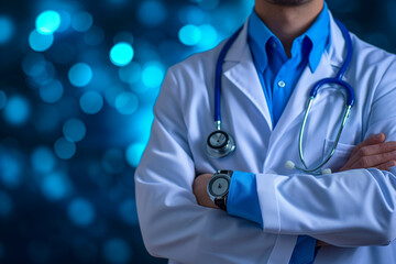 A medical blue background features a doctor with a stethoscope, symbolizing expertise and care in healthcare settings.