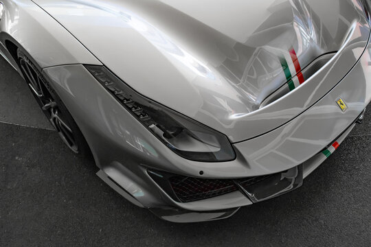 Silver Ferrari 488 Pista Tailor Made Headlight focused shot, top down view - High Resolution Image