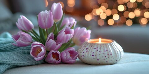 White Vase With Pink Tulips and Lit Candle