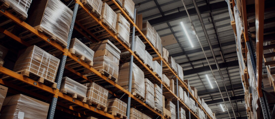 Industrial shelves tower with orderly stacks of goods, the heart of logistics beating in a warehouse's expanse