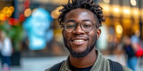 Obraz premium Smiling Man With Glasses and Beard Looks Directly at the Camera.