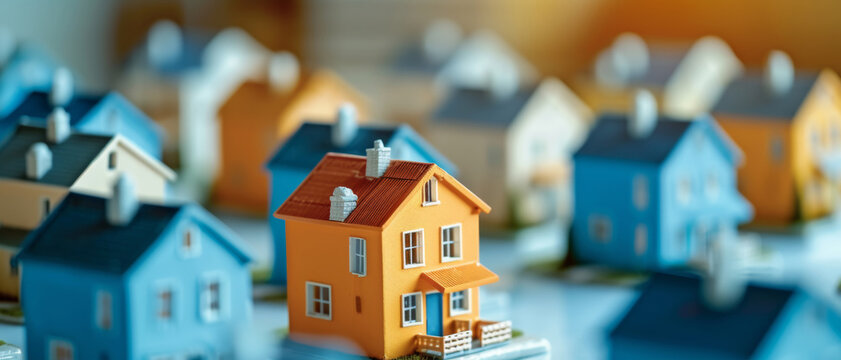 An orange house stands out in a sea of blue models, a bold statement in a miniature suburban landscape