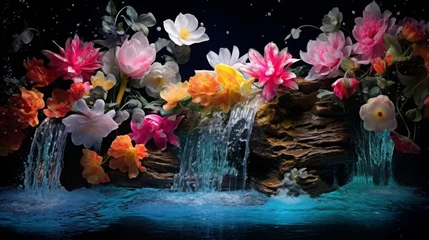 Fotobehang A beautiful scene with a waterfall and flowers. Neural network AI generated art © mehaniq41