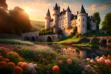 A mural showcasing a riverside castle at sunrise, with gardens of pearl flowers glowing in the...