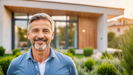 Happy Home Owner or Gardener Standing in Front of Modern Eco House, Home Ownership, Real Estate Buying, Sustainable Living, Future Housing. Italy, Italian, Spain, Spanish, Greece, Greek, Portugal.