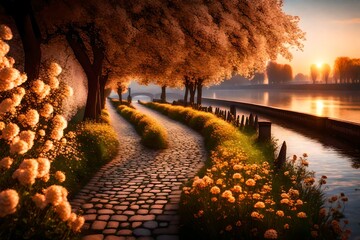 A wallpaper showing a riverside promenade at sunrise, with pearl flowers along the path shimmering in the early light. 8k