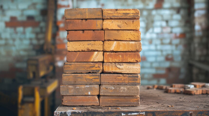 Stack of red bricks on a construction site with a soft focus background.