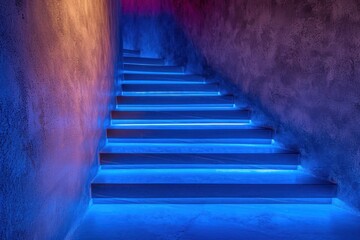 Stairs in blue neon light. Glowing blue steps, performance