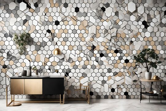 An elegant wallpaper showcasing hexagonal tiles of serene grey marble and light oak wood, each hexagon graced with sophisticated white and gold decorations, neatly joined with black seams. 8k