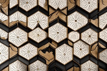 Wallpaper with alder wood hexagonal tiles, each decorated with gold flourishes and white highlights, elegantly joined by black seams. 8k