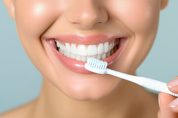 Close-up of a Woman's Smile While Brushing Teeth with a White Toothbrush