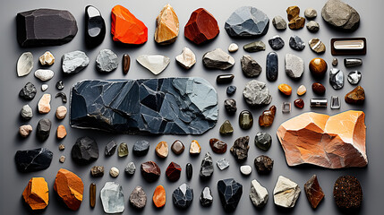 Collection of various gemstones and minerals neatly laid out on a gray background. Top view. - obrazy, fototapety, plakaty