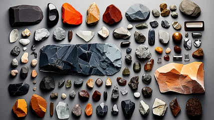 Foto op Plexiglas Collection of various gemstones and minerals neatly laid out on a gray background. Top view. © milicenta
