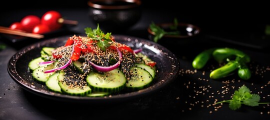 Cucumber salad on a black platter with sesame seeds.