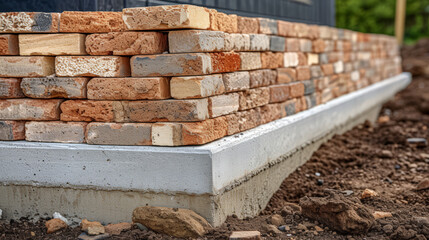 A wall on top of house foundation made out of weathered red bricks.