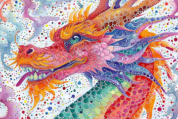 Colorful drawing of a Chinese dragon in ink and polka dot style