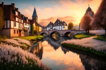 A 3D mural wallpaper featuring a European riverside scene at dawn, with pearl flowers along the banks, reflecting the first light of day, symbolizing hope and renewal. 8k - obrazy, fototapety, plakaty
