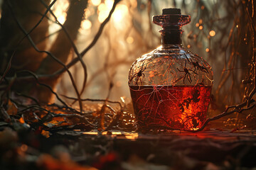 A bottle of perfume or aromatic oil is decorated with cobwebs and spiders in a dark forest - obrazy, fototapety, plakaty