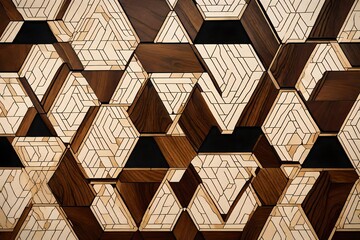 A sumptuous wallpaper pattern with hexagon tiles of mahogany wood, each tile featuring subtle golden inlays and bordered by elegant black seams. 8k - obrazy, fototapety, plakaty