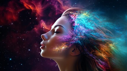 Woman portrait bright colorful abstraction. Neural network AI generated art Neural network AI generated art