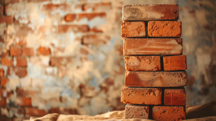 Stack of weathered red bricks against a blurred background.