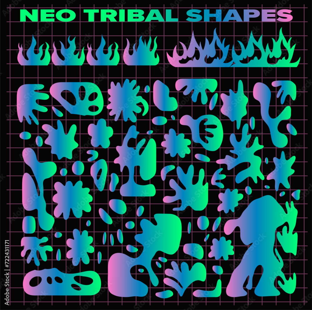 Poster big set of neo-tribal forms and shapes. organic cyberpunk elements in neon colors.