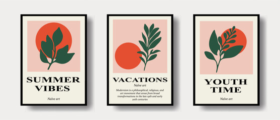 Collection of posters with organic floral decor, hand drawn in ink. Abstract shapes in modernism and fauvism boho style.