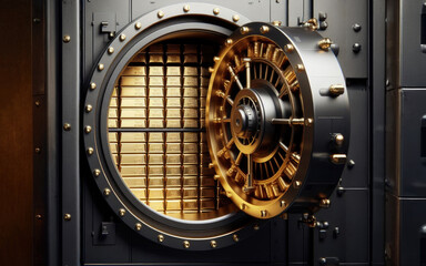 Open bank safe vault door with golden ingots peeking from inside - obrazy, fototapety, plakaty