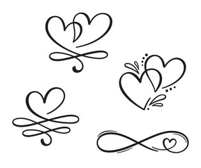 Set of decorative elements with hearts, calligraphic flourishes, infinity symbol