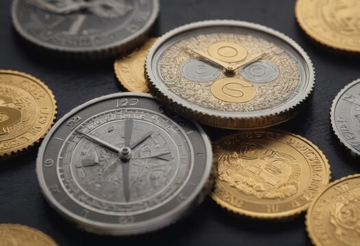 clock and stacks of coins : time - money