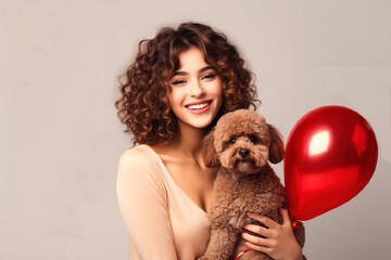 A young girl with curly, lush hair holds a small dog and a red balloon in her hands. A young girl received a gift, smiling, happy. Generative AI