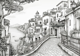 A street in the old Mediterranean town. Sketch illustration for coloring book.