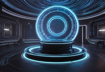 Inside spaceship laboratory interior architecture and empty podium for cyberpunk product presentation. Technology and Sci-fi concept.