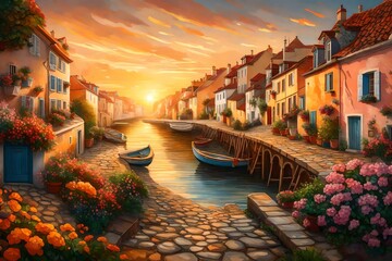 A mural of a sunrise over a European coastal village, where pearl flowers adorn quaint houses, basking in the warm, early light. 8k