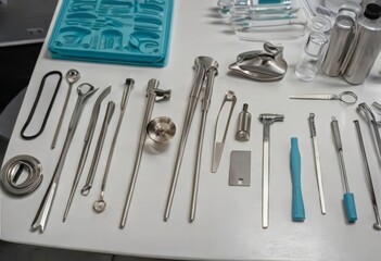 Top down view on various dental instruments such as syringe, toothbrushes, false teeth, pliers, mouth mirror, floss, picks, drill, scissors and mask