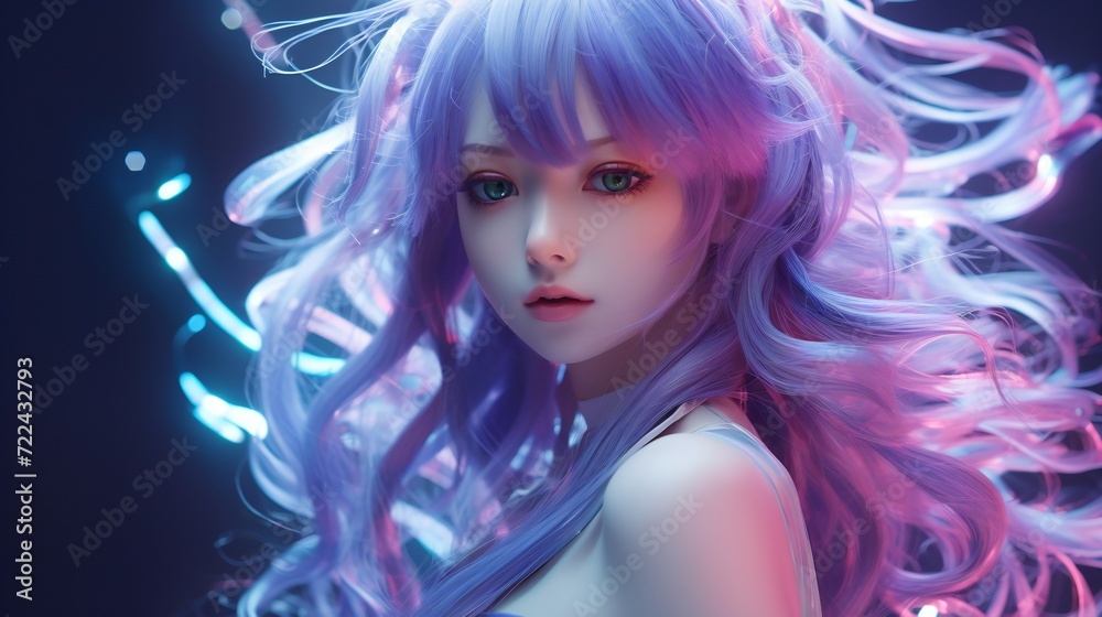 Wall mural generative ai art of anime girl with purple hairs