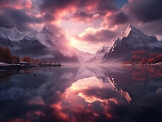 Beautiful mountains reflected in lake with a cloud reflection and sunrise