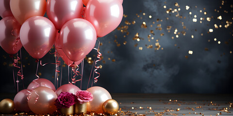 Banner Shiny pink balloons, gold decorations and sparkling confetti on a dark background, backdrop for holidays and birthdays
