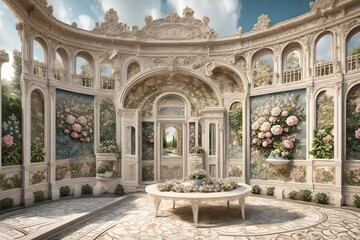 A 3D mural wallpaper illustrating a grand European palace garden, where pearl flowers are arranged in intricate patterns, showcasing the elegance of classical garden design. 8k
